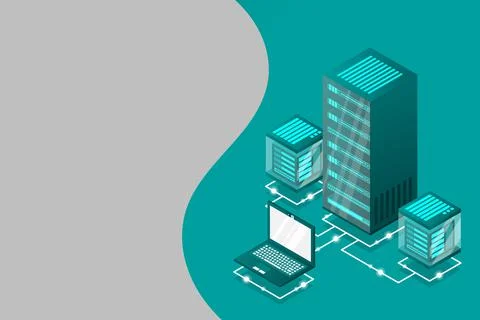 Server room isometric, Cloud storage data, Data center, Big data processing a Stock Illustration