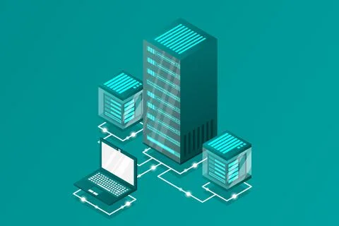 Server room isometric, Cloud storage data, Data center, Big data processing a Illustrazione stock