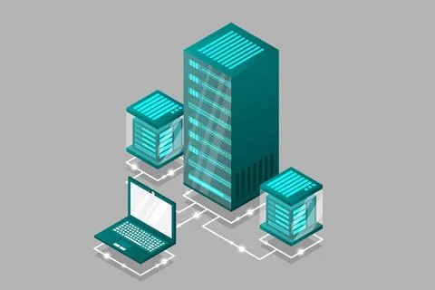 Server room isometric, Cloud storage data, Data center, Big data processing a Stock Illustration