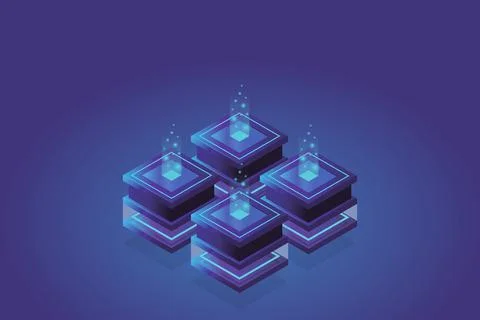 Server room isometric, Cloud storage data, Data center, Big data processing a Stock Illustration