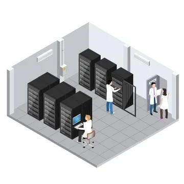 Server room isometric image, information storage and processing room, technic Stock Illustration
