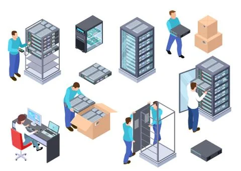 Server room isometric. Information technology server engineer, telecommunication Stock Illustration