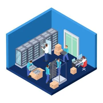 Server room isometric. Information technology server engineer 3D vector Stock Illustration