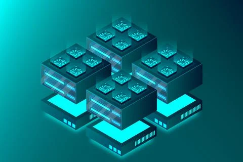 Server room isometric, Mainframe, powered server, high technology concept, Da Stock Illustration