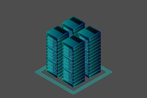 Server room isometric vector, futuristic technology of data protection and pr Illustrazione stock