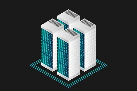 Server room isometric vector, futuristic technology of data protection and pr Illustrazione stock