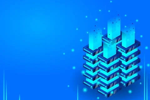 Server room isometric vector, futuristic technology of data protection and pr Stock Illustration