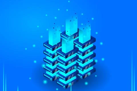 Server room isometric vector, futuristic technology of data protection and pr 스톡 일러스트