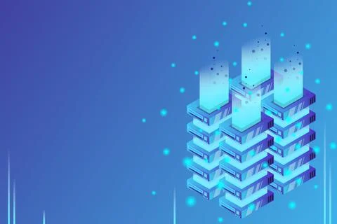 Server room isometric vector, futuristic technology of data protection and pr 스톡 일러스트
