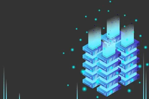 Server room isometric vector, futuristic technology of data protection and pr Illustrazione stock