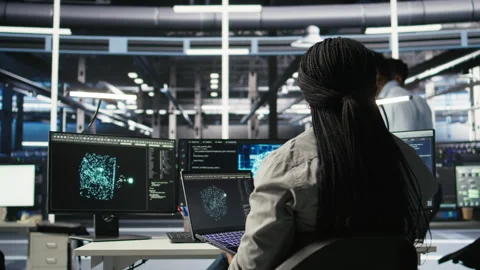 Server room IT expert using laptop to apply artificial intelligence technology Stock Footage 307037262