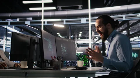 Server room IT specialist frustrated by difficult complex tasks in office Stock Footage 309628840