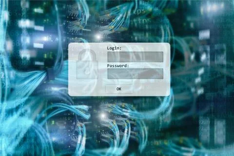 Server room, login and password request, data access and security. 스톡 일러스트
