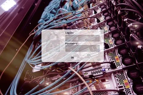 Server room, login and password request, data access and security. Stock Illustration