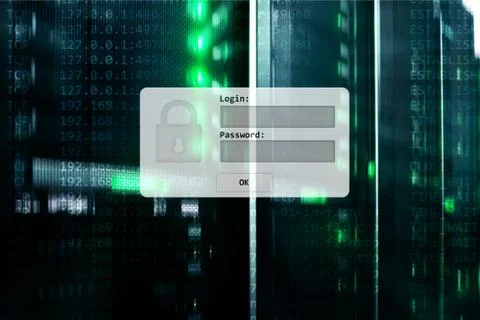 Server room, login and password request, data access and security. Stock Illustration