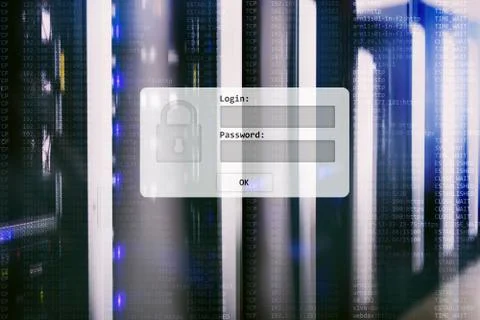 Server room, login and password request, data access and security. Foto stock