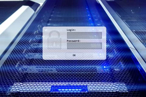 Server room, login and password request, data access and security Foto stock