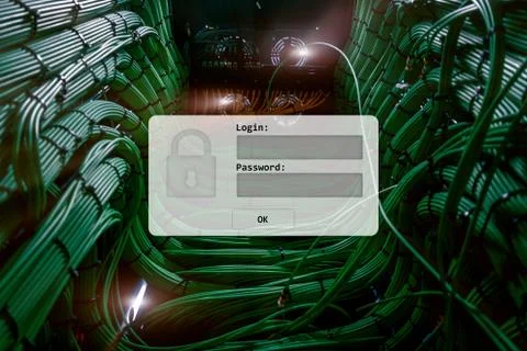 Server room, login and password request, data access and security. Stock Photos