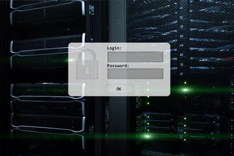 Server room, login and password request, data access and security. Stock Photos
