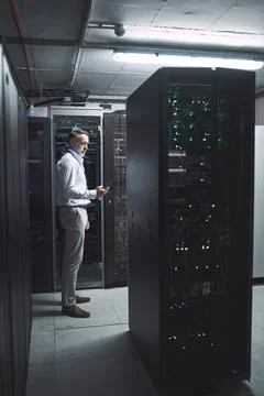 Server room, man and technician with phone for cyber security notification,.. 스톡 사진