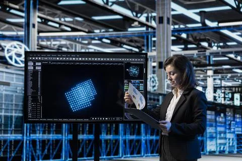 Server room manager looking over AI system benchmarks results Stock Photos