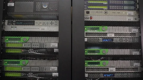 Server room. Modern working server room with rack servers. Information storage. Stock Footage 122357101