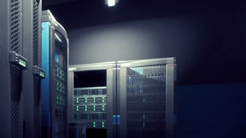 Server room with multiple racks and equipment in a dark environment Stock Footage 348554317