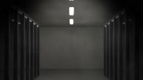 Server room with network computers and flickering LED lights Video stock 149288283