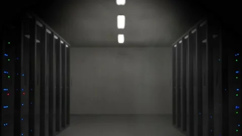 Server room with network computers and flickering LED lights Video stock 149288291