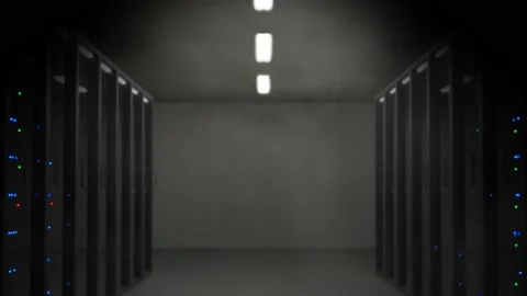 Server room with network computers and flickering LED lights Video stock 149288293