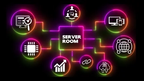 Server Room Network Connections Neon Glow IT Infrastructure Dynamic Animation Vidéo 330848696