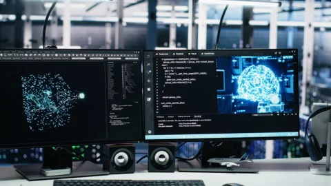 Server room PC screens tracking mainframes processing machine learning datasets Stock Footage 313637946