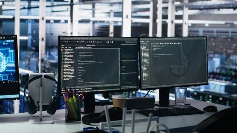 Server room PC screens tracking mainframes processing machine learning datasets Stock Photos