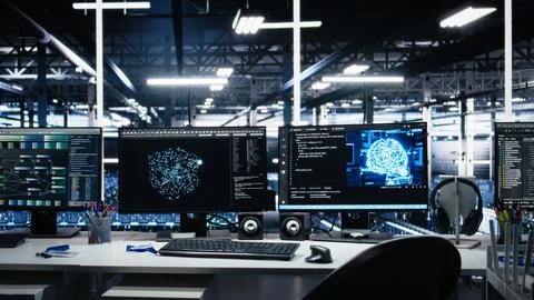 Server room PC screens tracking mainframes processing machine learning datase Stockfoto's