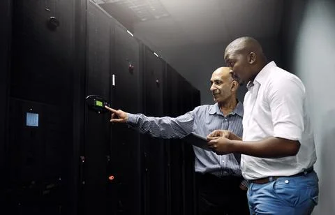 Server room, people or technicians with tablet for hardware, cybersecurity Stock Photos