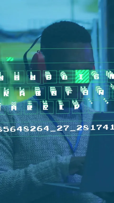 In server room, person working on laptop with digital code animation overlay Stock Footage 319416168