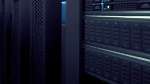 Server room with racks and lights during computer network setup Stock Footage 348554531