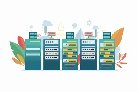 Server room racks isolated on white background. Cloud system concept. data .. Illustrazione stock