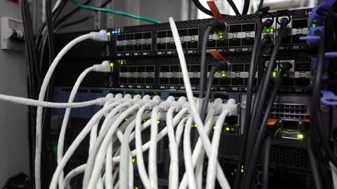 Server room. RG-45 blinking LED green la... | Stock Video | Pond5