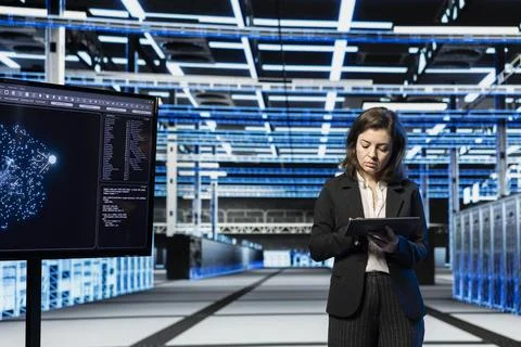 Server room scientist doing electronics holographic overlay mapping with AI Stock Photos