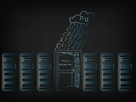 Server room with semi-open door to data access and cloud with binary code rai Illustrazione stock