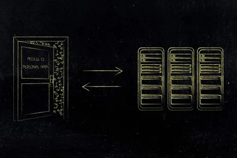 Server room with semi-open door to data access and arrows 스톡 일러스트