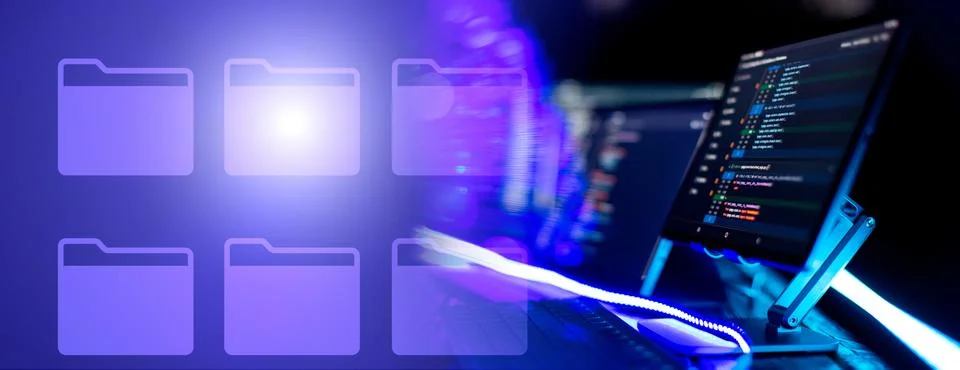 Server room with servers and data processing. Internet and technology concept Stock Photos