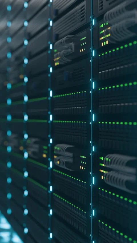 Server Room Showcasing Sas Cables, Rj45 Connectors, and Multiple Racks, Big Data Stock Footage 317094004