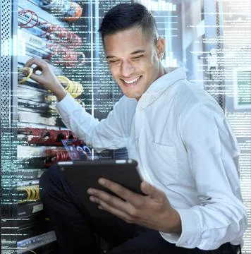 Server room, tablet and programmer man, engineering code and technology for Stock Photos