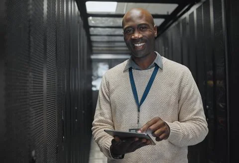 Server room, tablet or black man portrait or technician for data center, system Stock Photos