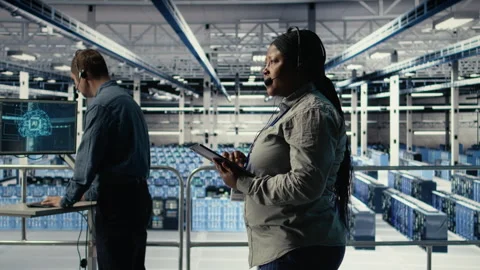 Server room tech support specialist guides clients set up data backups Stock Footage 314804399