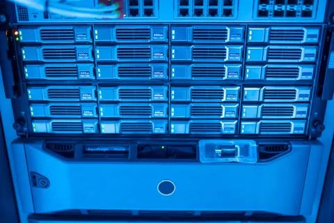 The server room tells the computer server that is working continuously. Conve Stock Photos