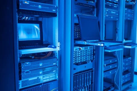 The server room tells the computer server that is working continuously. Conve Stock Photos