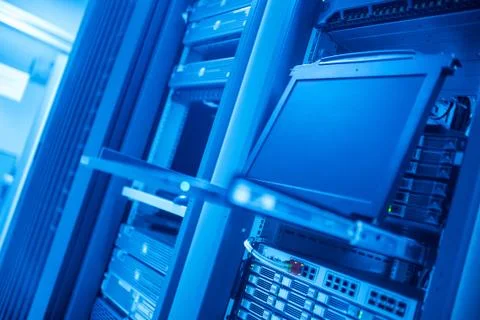 The server room tells the computer server that is working continuously. Conve Stock Photos